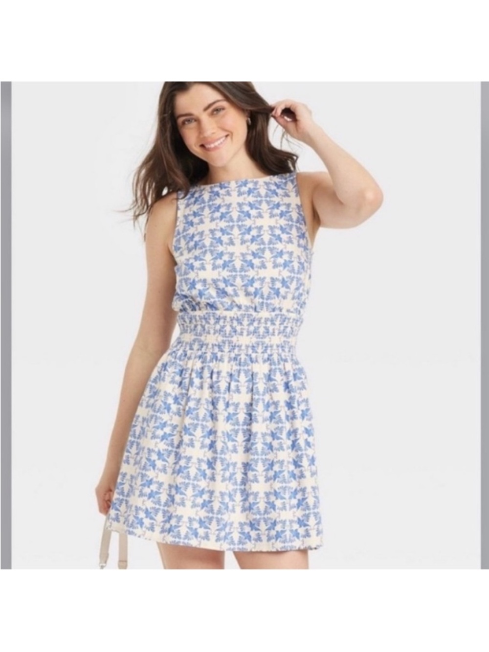 Universal Thread White and Blue Floral Smocked-Waist Mini Dress